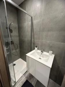 W łazience znajduje się biała umywalka i prysznic. w obiekcie chambre au calme w mieście Saint-Jean-dʼArvey