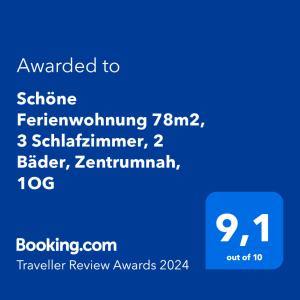 Сертификат, награда, табела или друг документ на показ в Schöne Ferienwohnung 78m2, 3 Schlafzimmer, 2 Bäder, Zentrumnah, 1OG
