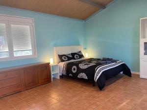 een slaapkamer met een bed in een kamer met blauwe muren bij La Geneta Casa Vacacional in Vilobi Del Penedes