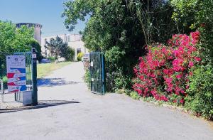 un cancello di un vialetto con fiori rosa di Guest House Parco del Mulino a Livorno