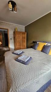 1 dormitorio con 1 cama grande y toallas. en Promenādes apartamenti, en Talsi