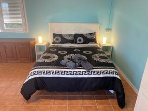 een slaapkamer met een groot bed met 2 nachtkastjes bij La Geneta Casa Vacacional in Vilobi Del Penedes