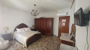 - une chambre avec un lit et une télévision dans l'établissement Magdeleine Village, à Almagro