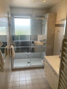 La salle de bains est pourvue d'une douche et d'un lavabo. dans l'établissement top floor apartment with private park, à Montpellier