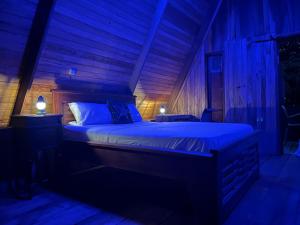 una camera da letto con un grande letto con illuminazione blu di KSW BASE NAUTIQUE Isonalambo a Kribi