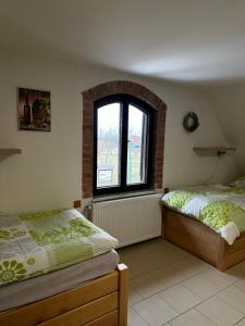 een slaapkamer met 2 bedden en een raam bij Vinný sklep v Zarazicích in Veselí nad Moravou