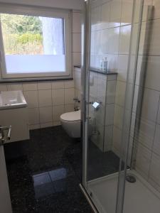 a bathroom with a toilet and a glass shower at Wohnung in Dortmund Nähe Phönix See in Dortmund