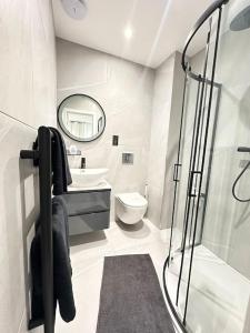 uma casa de banho com um chuveiro, um WC e um lavatório. em Spacious en-suite private bath and kitchen Studio Flat Canary Wharf No 3 em Londres