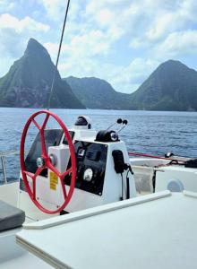 a white boat with a red steering wheel on the water at Bateau privatisé Marin in Sainte-Anne