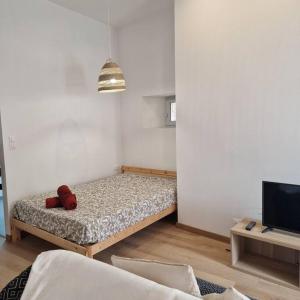 een kleine kamer met een bed en een televisie bij Joli studio - proche de Chambord in Mer