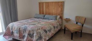 a bedroom with a bed with a wooden headboard and a chair at La Plaza in Formosa