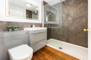 a bathroom with a toilet sink and a shower at Fabulous ground floor apartment. in Great Malvern