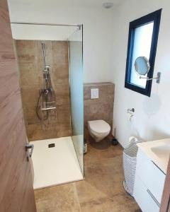 a bathroom with a shower with a toilet and a mirror at Villa avec piscine et vue mer à Lozari in Palasca
