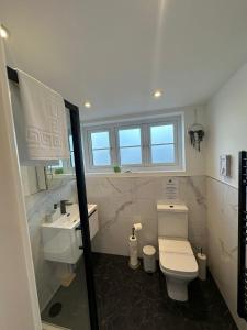 a bathroom with a toilet and a sink at Central Cambridge Apartments by Tas in Cambridge