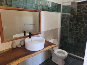 a bathroom with a sink and a toilet and a mirror at Casa del Arte - Playa Maderas in Playa Maderas