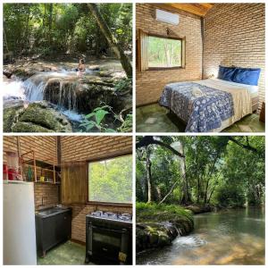 a collage of pictures of a bedroom and a waterfall at Chalés Pocoó com rio exclusivo in Bonito