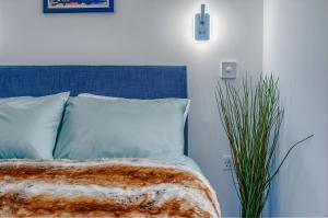 a bed with a blue head board and a plant at Balloon Suite: Modern Luxury in Bristol