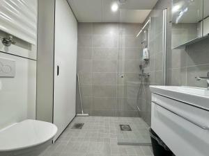 a bathroom with a shower and a toilet and a sink at Easy Stay Room near Airport in Vantaa