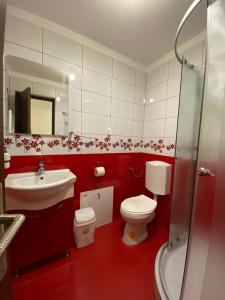 czerwona łazienka z toaletą i umywalką w obiekcie Casa Făget w Klużu-Napoce