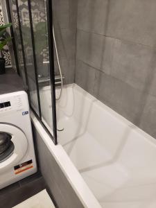 a bath tub with a washing machine in a bathroom at Vierzon superbe appartement in Vierzon