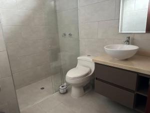 a bathroom with a toilet and a sink and a shower at Casa Chalet en Lagos del Cacique in Bucaramanga