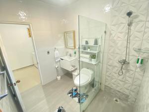 ein Bad mit einer Dusche, einem WC und einem Waschbecken in der Unterkunft Ama4 Residencial AMA in Ensanche Savica de Mendoza