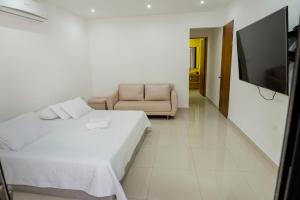 Hotel Casa David في ريفيرا: غرفة نوم بسرير واريكة وتلفزيون
