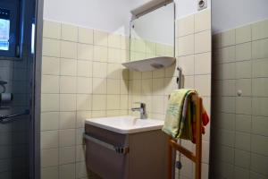 Gorazdova Guest House في ليوبليانا: حمام صغير مع حوض ومرآة