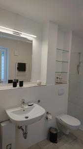 La salle de bains blanche est pourvue d'un lavabo et de toilettes. dans l'établissement Ökohaus Spaden, à Schiffdorf