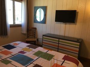 1 dormitorio con 1 cama y TV de pantalla plana en The Viking Lodge - Downtown Winter Park Colorado, en Winter Park