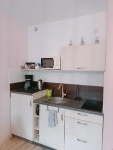 a small kitchen with a sink and a microwave at Studio TERJANO in Karpacz