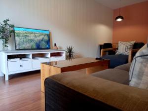 sala de estar con TV y sofá en Littore Tormes Alojamiento, Parking gratis y Piscina, en Salamanca
