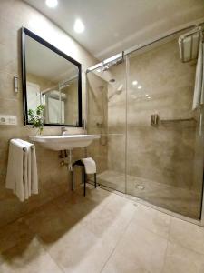 uma casa de banho com um lavatório e um chuveiro com um espelho. em Littore Tormes Alojamiento, Parking gratis y Piscina em Salamanca