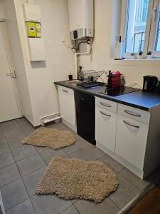 a kitchen with two rugs on the floor at studio 11 Garcia stade de France in Saint-Denis