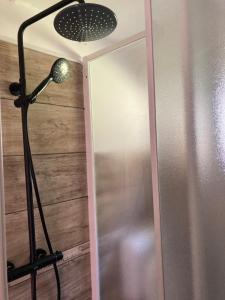 a shower with a glass door and a light at No1 Vendégház in Parád