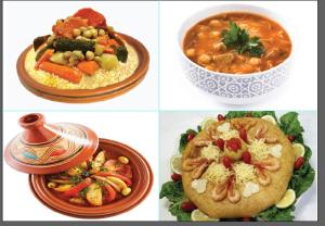 a series of four pictures of different types of food at Hotel Des voyageur in Ouarzazate +45 photos