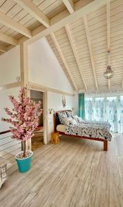 Un dormitorio con una cama y un árbol en una habitación en Finca Maracuya, en El Paso