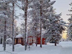 a red cabin in the woods with snow covered trees at Holiday Home Samanitieva in Enontekiö
