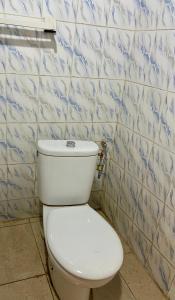 a white toilet in a bathroom with blue and white tiles at Appartement meublé Kolda in Kolda