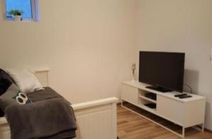 a living room with a flat screen tv on a white cabinet at Borg Apartments in Hvolsvöllur