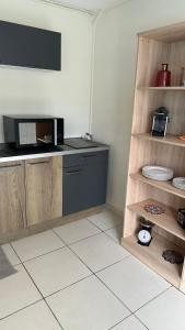 een keuken met een aanrecht met een magnetron bij Joli appartement cosy avec piscine in Les Abymes