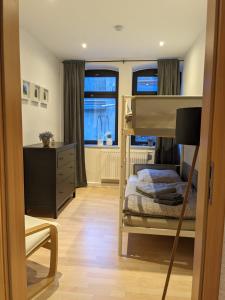 a bedroom with a bunk bed with a desk and windows at Ferienwohnung am Rabenauer Grund in Freital