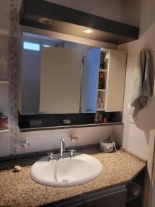 lavabo en el baño con un espejo grande encima. en La Gringa: Casa amplia, luminosa, dos habitaciones en Las Heras