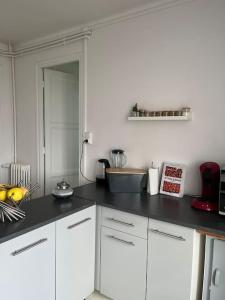 une cuisine avec des placards blancs et un comptoir noir dans l'établissement Élégant appartement - Accor Arena Bercy, à Ivry-sur-Seine