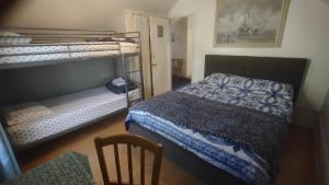 1 Schlafzimmer mit 2 Etagenbetten und einem Stuhl in der Unterkunft San Luis Obispo Hostel in San Luis Obispo