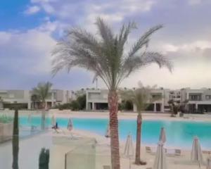 a palm tree in front of a swimming pool at Sand Castle Villa Azha - 2 bedrooms - Next Tanoak Hotel in Ain Sokhna