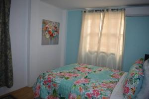 ein Schlafzimmer mit einem Bett und ein Fenster mit einer Decke in der Unterkunft Belle Zoon Villa in Cap Estate