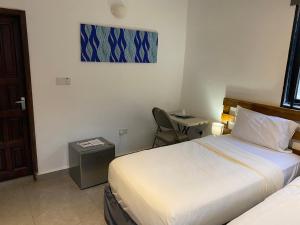 a bedroom with a bed and a desk with a chair at Belvoir Estate Serviced Apart-Hotel & Residence in Freetown