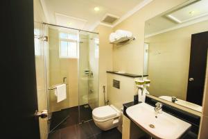 La salle de bains est pourvue d'un lavabo, de toilettes et d'un miroir. dans l'établissement Fair View Hotel Colombo, à Colombo