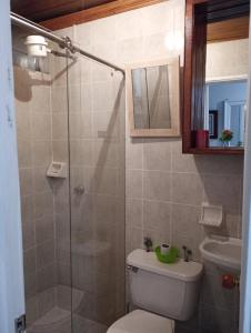 a bathroom with a shower and a toilet and a sink at Apartamento Centro histórico in Bogotá
